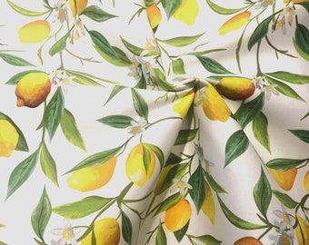 Lemon Tree Print Fabric: Vibrant Citrus Design, Waterproof Microfiber