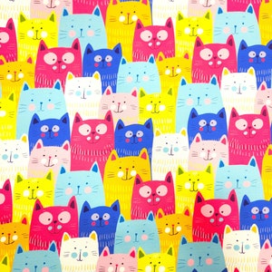 Levendige kleurrijke kattenstof voor doe-het-zelfprojecten, leuke cartoon kattenprint, grillige en speelse veelkleurige kattengezichtstof voor kinderen knutselen