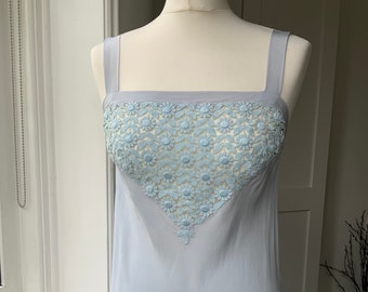 Vintage 1960s Lavender Blue Slip Dress Silk Crepe Vintage Lingerie Pale Blue Daisy Design Lace Bodice Bias Cut Small Size UK 8 10