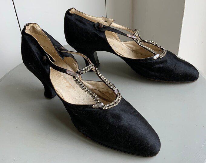 Antique Rare 1920s Black Silk Satin Flapper Evening Shoes Rhinestone ...