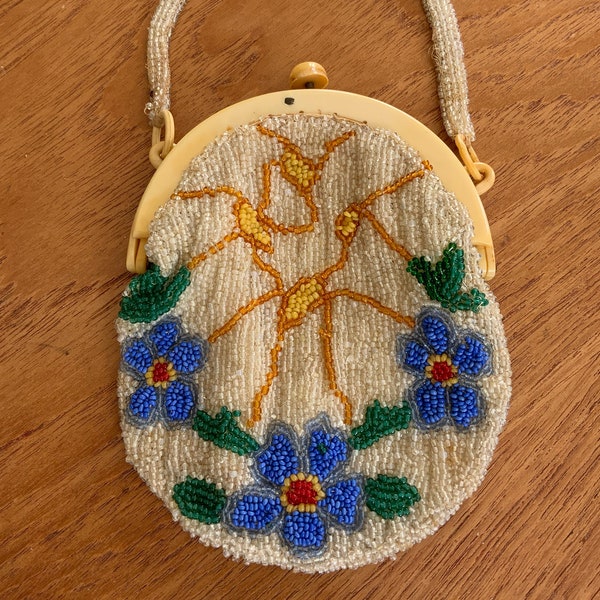 Antique 1920s Micro Beaded Purse Small Evening Bag Creamy Bakelite Frame.Beaded Handle Blue Floral Design Cream Silk Lining