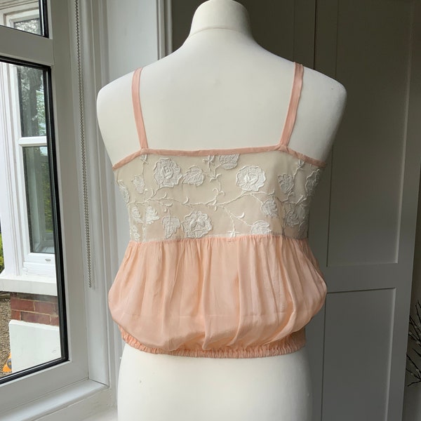 Vintage 1930s Peach Silk Camisole Cropped Top Sleeveless Top Ecru Net Embroidery Narrow Silk Straps Elasticated Waist 34 ins Small