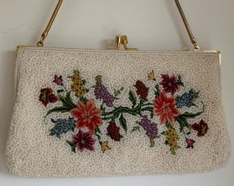 Vintage 1960s Pearl White Microbead Evening Bag Purse Floral Petit Point Goldtone Frame