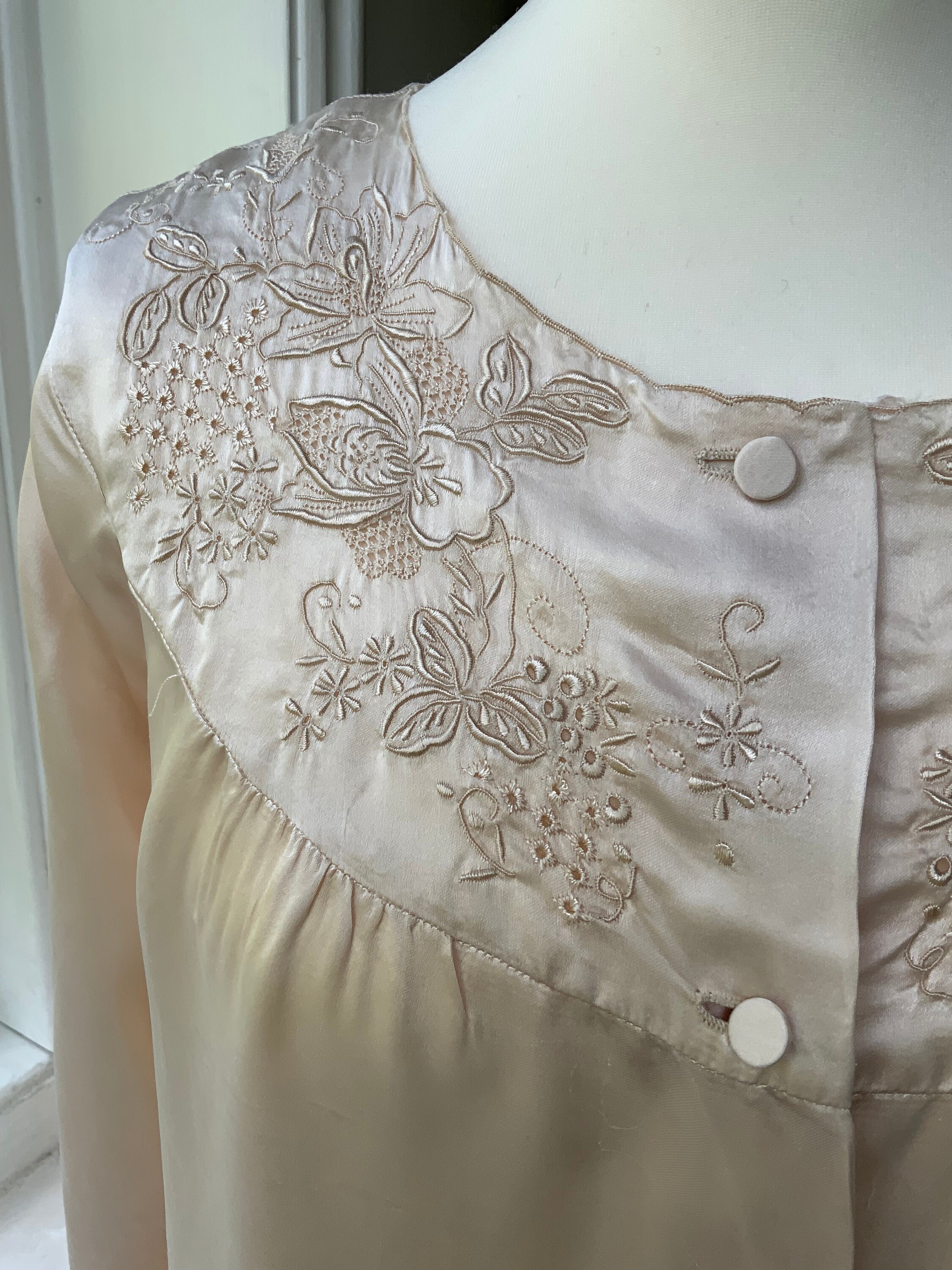 Vintage 1960s Silk Satin Housecoat Dress Gown Hand Embroidered Pale