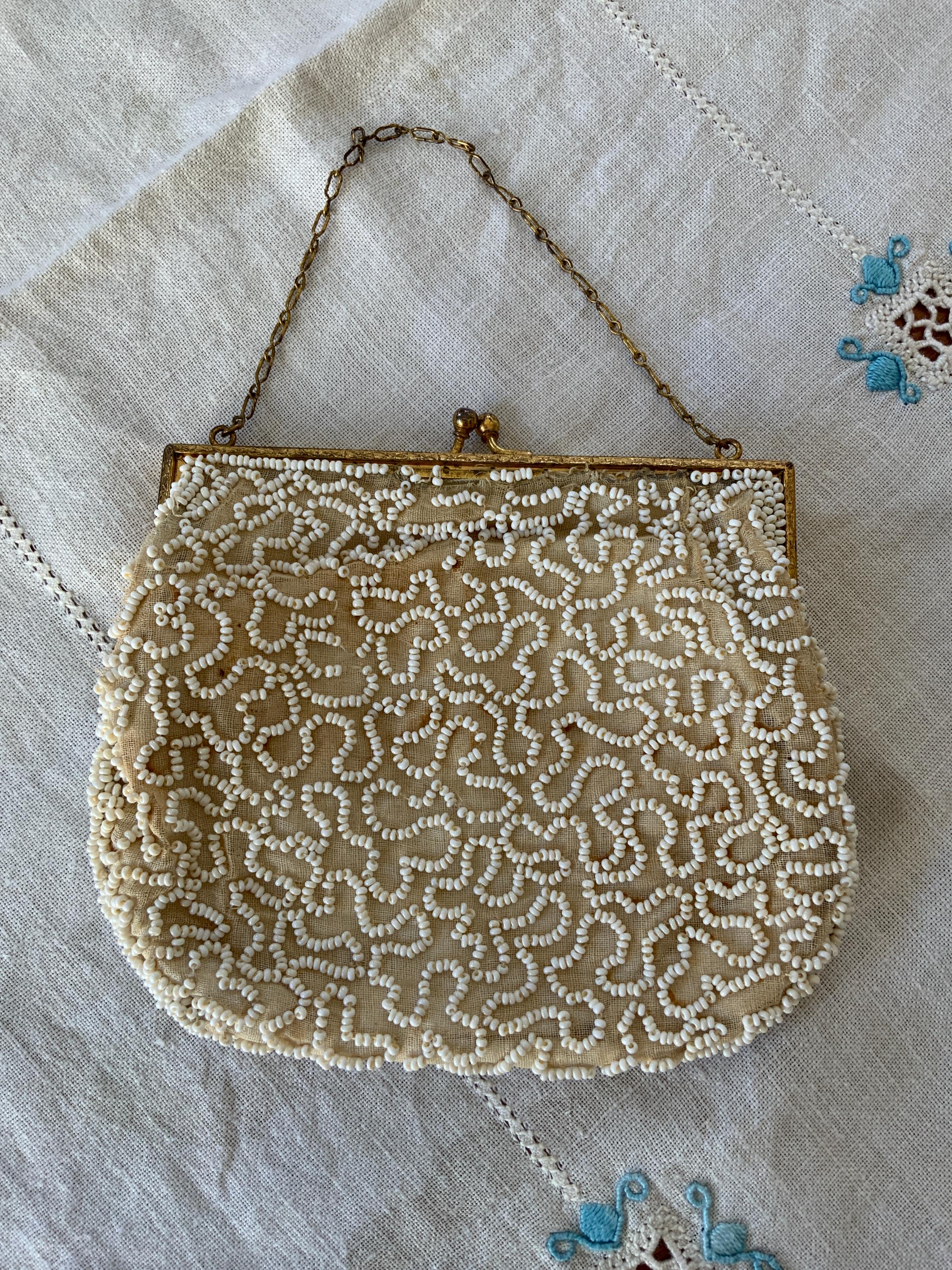 Vintage 1930s Art Deco Hand Beaded Evening Bag Cream Goldtone Frame VGC ...