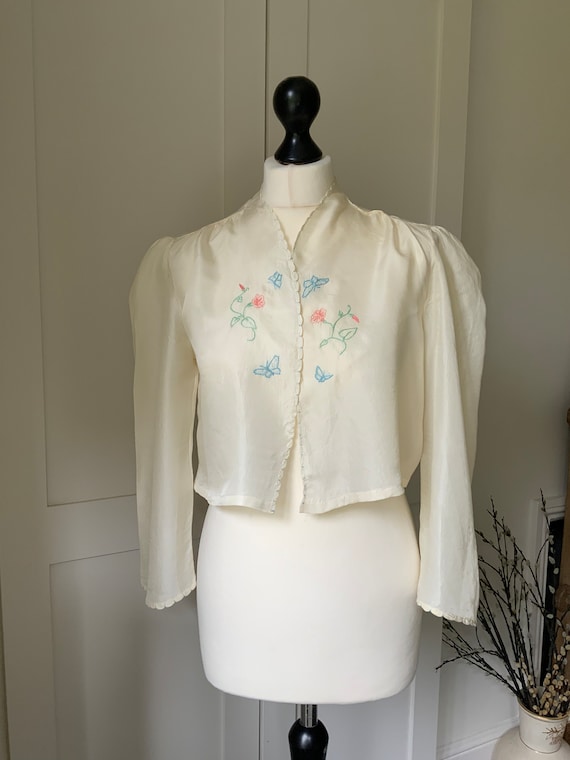 Vintage 1930s 1940s Pale Cream Silk Bed Jacket Boudoir Top