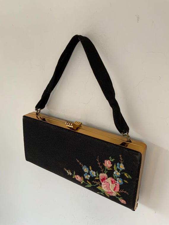 Vintage 1940s 1950s Black Crepe Evening Bag Purse Hand Embroidered Flowers  Short Strap Goldtone Frame British Made Satin Lined - Main Image