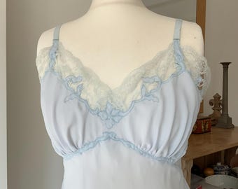 Vintage 1960s 1970s Ice Blue Slip Dress  Embroidery Lace S Bust 34 35 UK 10