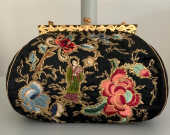 1930s Black Satin Chinoiserie Evening Bag Kruckers London Metallic Brocade Embroidery
