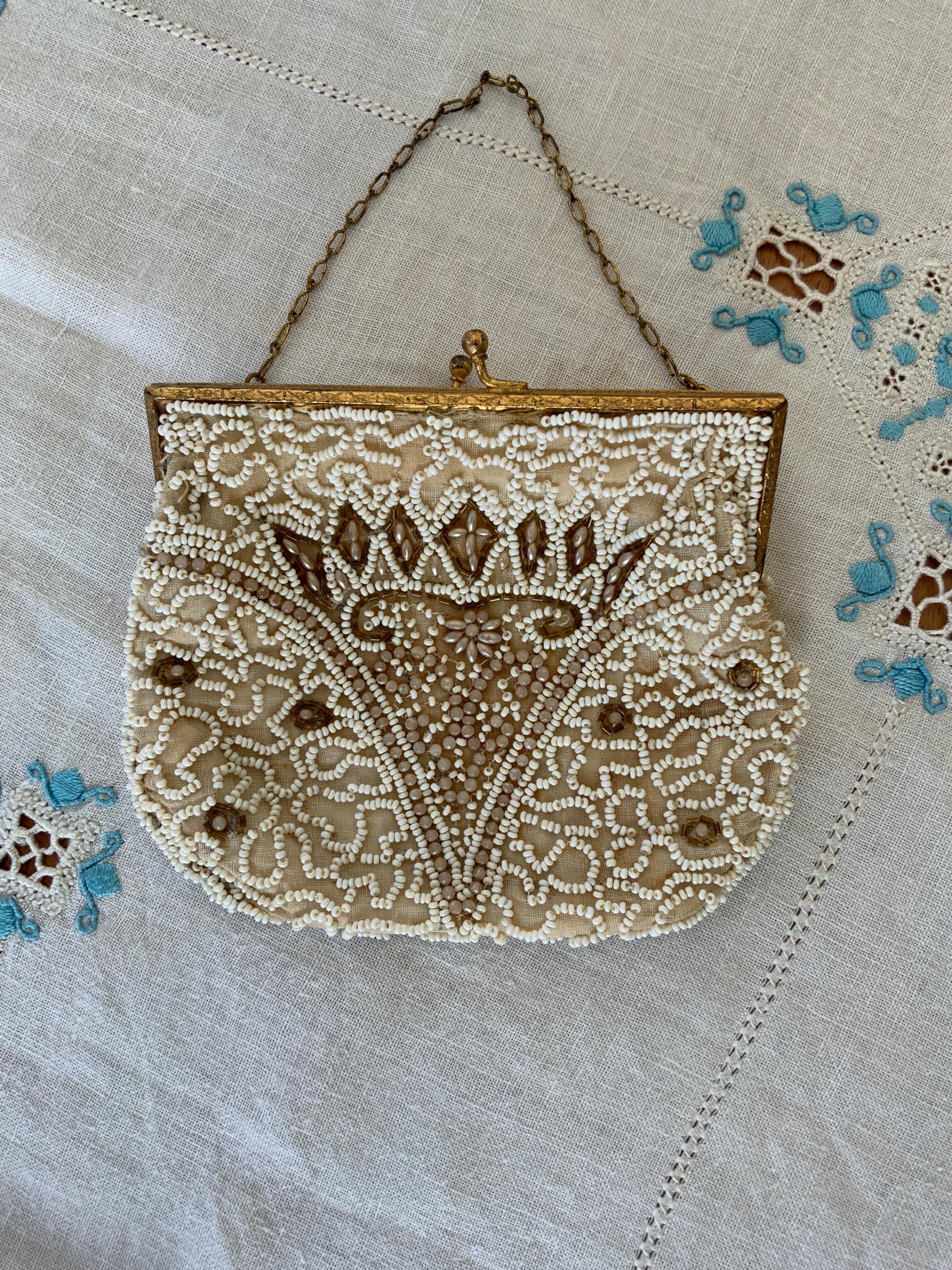 Vintage 1930s Art Deco Hand Beaded Evening Bag Cream Goldtone Frame VGC ...
