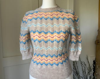 Vintage Hand Knitted 1970s Woollen Lacy Jumper 1940s Style Oatmeal Blue Apricot S Bust 32 34