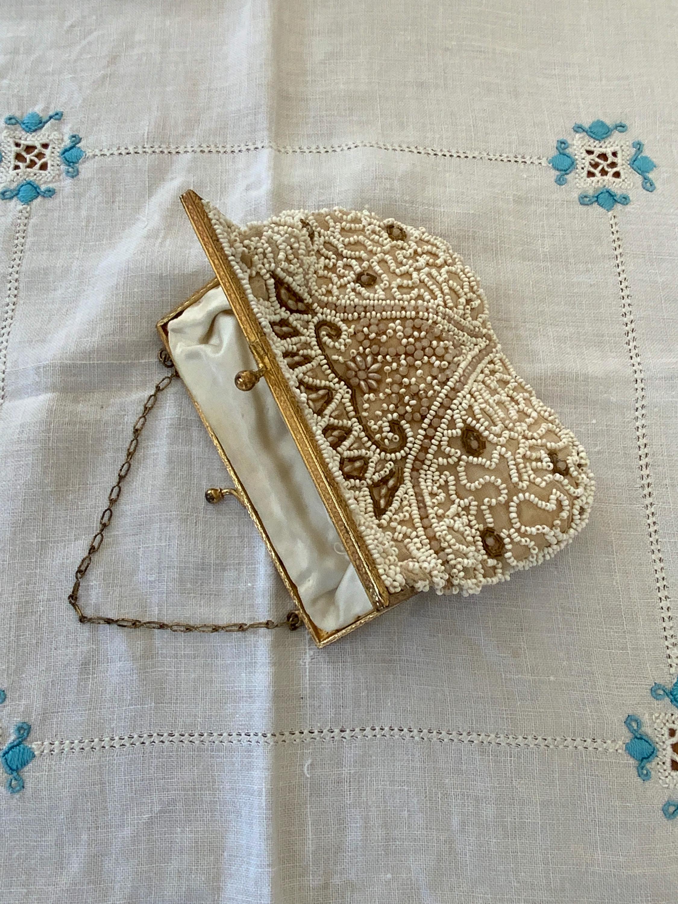 Vintage 1930s Art Deco Hand Beaded Evening Bag Cream Goldtone Frame VGC ...