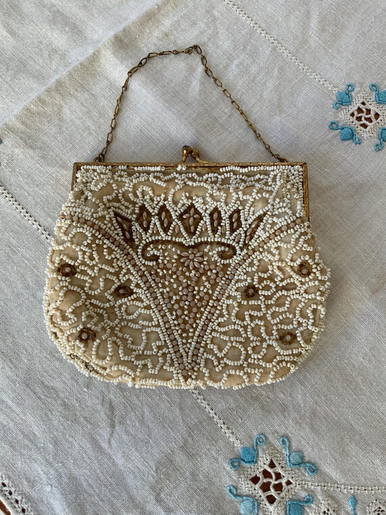 Vintage 1930s Art Deco Hand Beaded Evening Bag Cream Goldtone Frame VGC ...