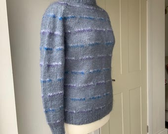 Vintage 1980s Hand Knitted Fluffy Mohair Round Necked Blue Grey Jumper Pullover Horizontal Stripes Blue Cream Violet S M Bust 34 36