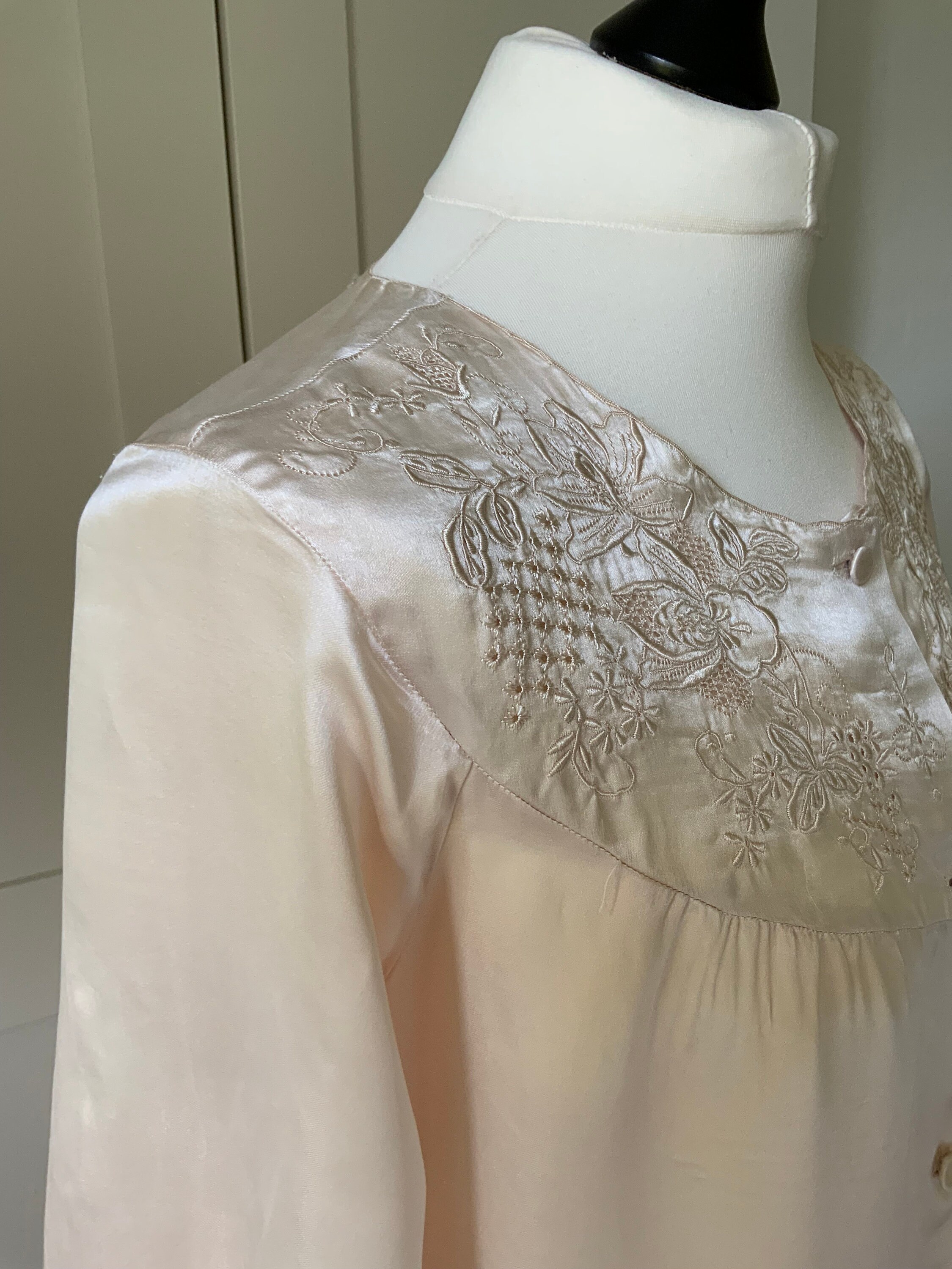 Vintage 1960s Silk Satin Housecoat Dress Gown Hand Embroidered Pale