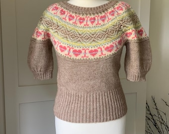 Vintage Hand Knitted Short Sleeved Soft Woollen Fairisle Jumper Fairisle Yoke Pink Green Cream Bust 32 34 Inches