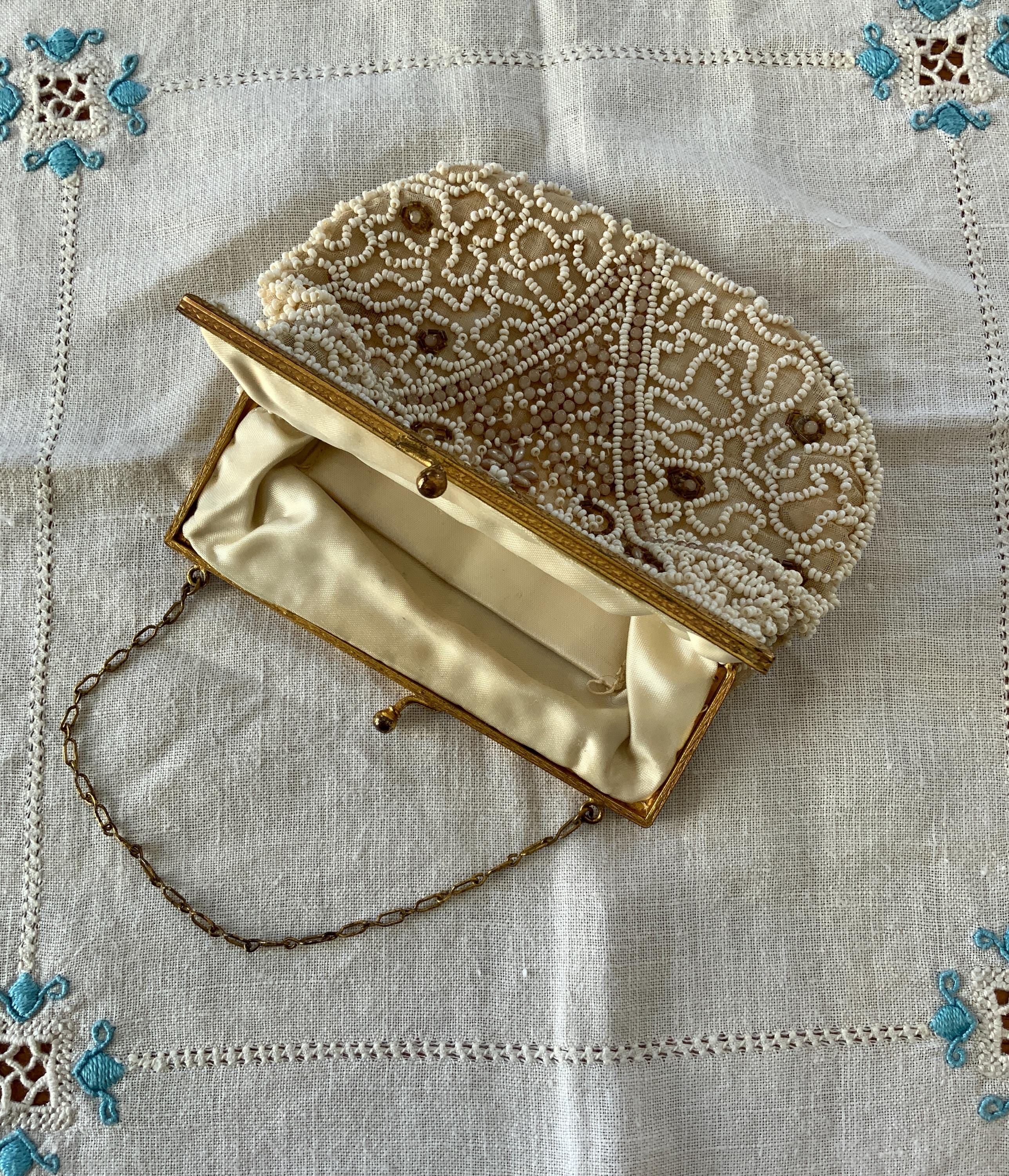 Vintage 1930s Art Deco Hand Beaded Evening Bag Cream Goldtone Frame VGC ...
