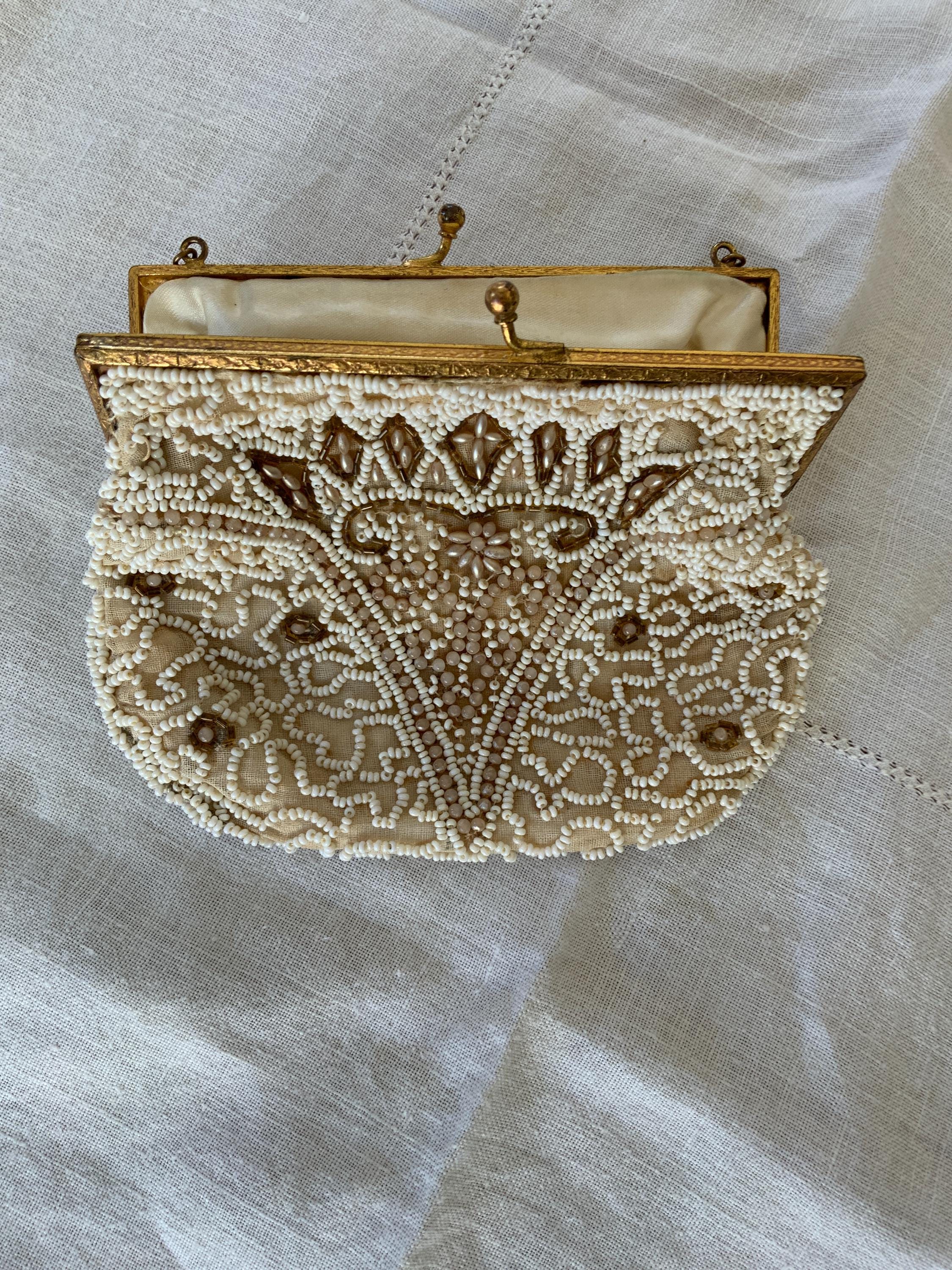 Vintage 1930s Art Deco Hand Beaded Evening Bag Cream Goldtone Frame VGC ...