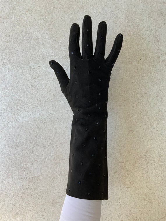 1940’s Evening  Gloves French  Black suede kidski… - image 1
