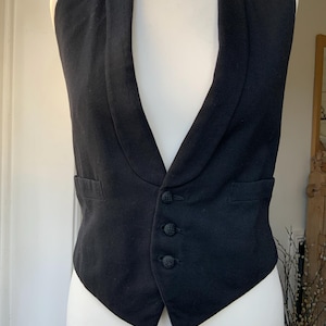 Original Vintage Waistcoat Vest 1920s 1930s Black Wool Formal Shawl Collar Silk Buttons Ivory Lining Black Silk Back Chest 34 inches Small
