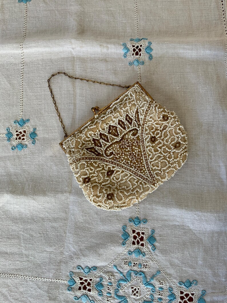 Vintage 1930s Art Deco Hand Beaded Evening Bag Cream Goldtone Frame VGC ...