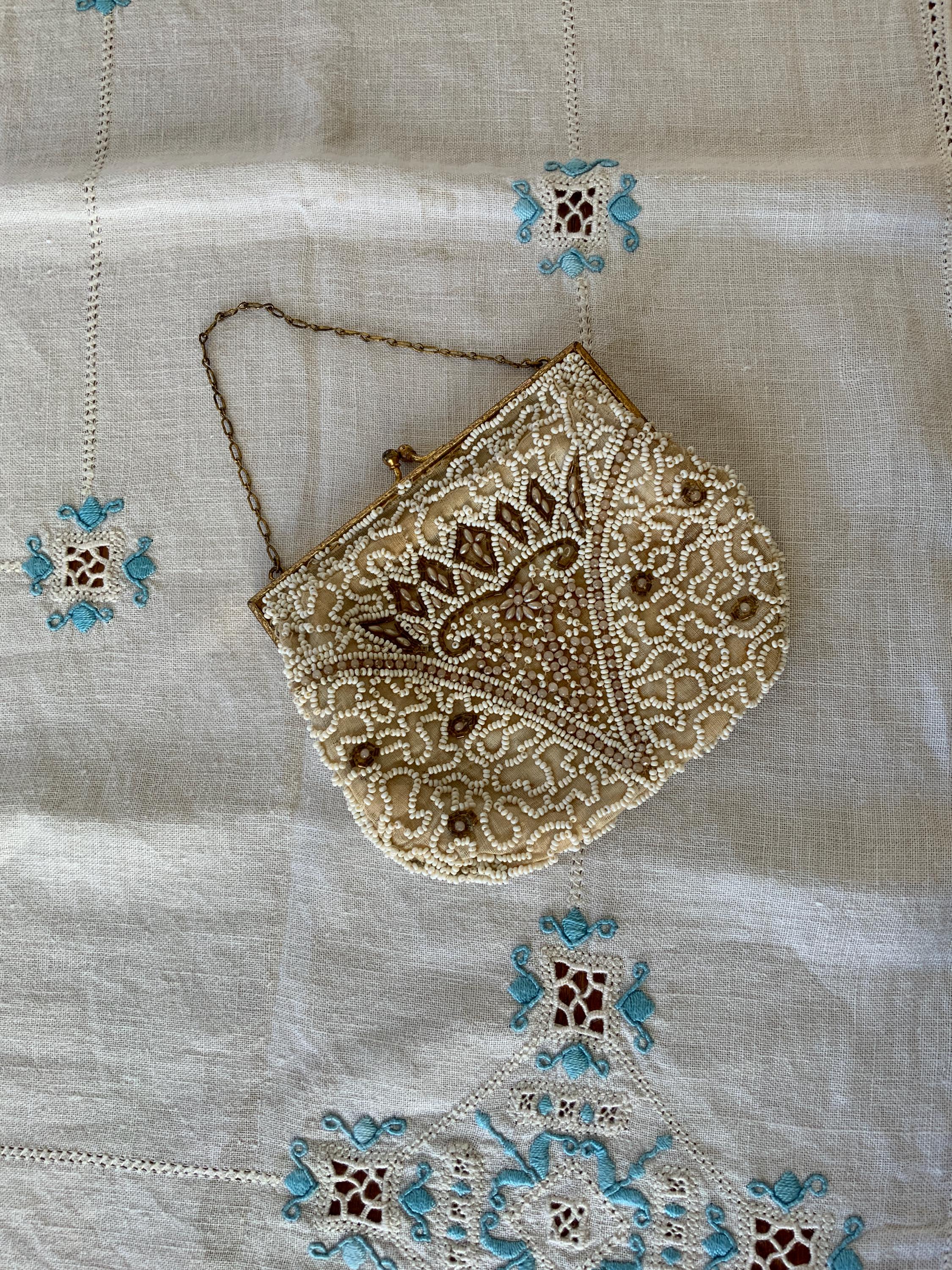 Vintage 1930s Art Deco Hand Beaded Evening Bag Cream Goldtone Frame VGC ...