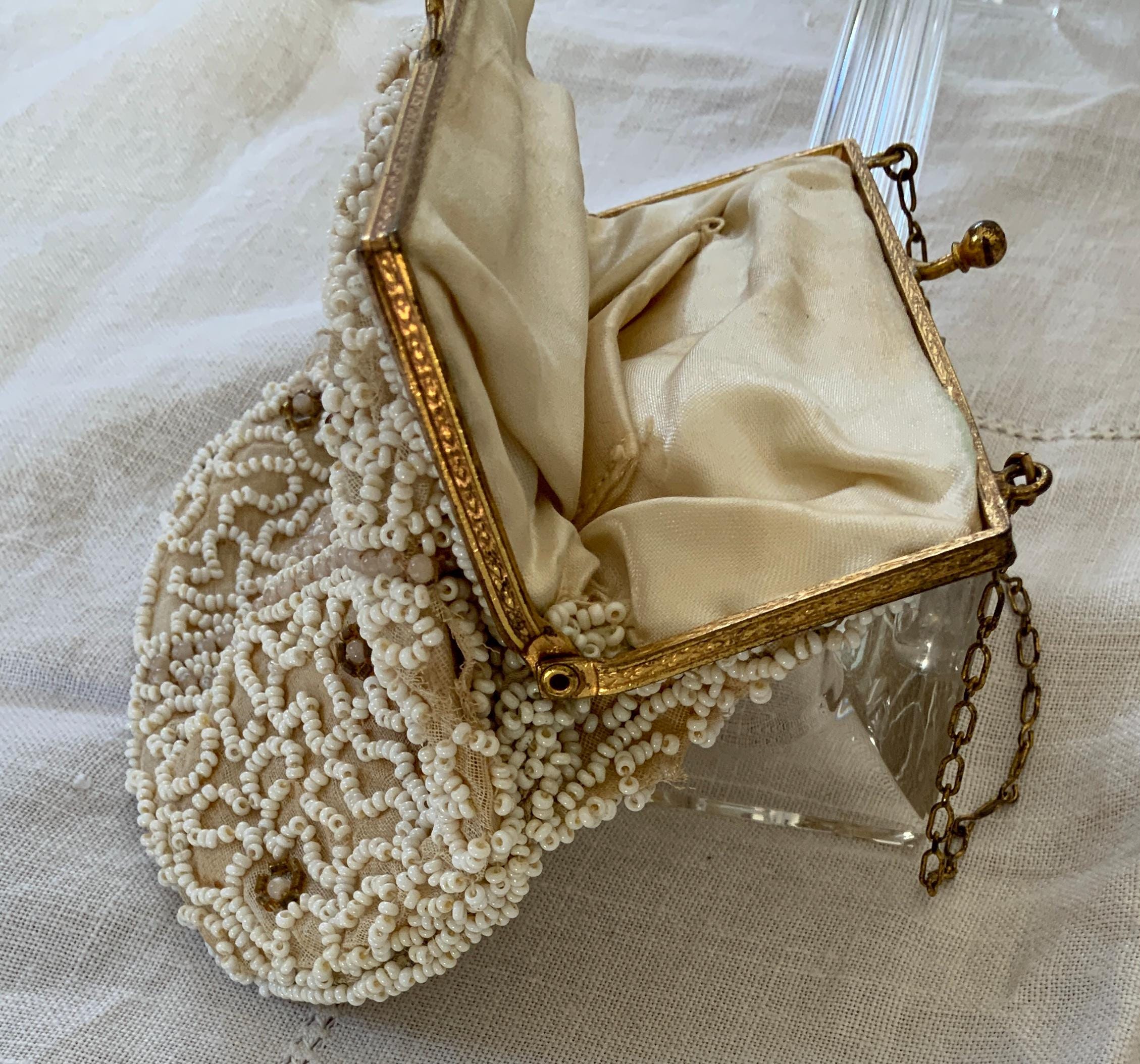 Vintage 1930s Art Deco Hand Beaded Evening Bag Cream Goldtone Frame VGC ...