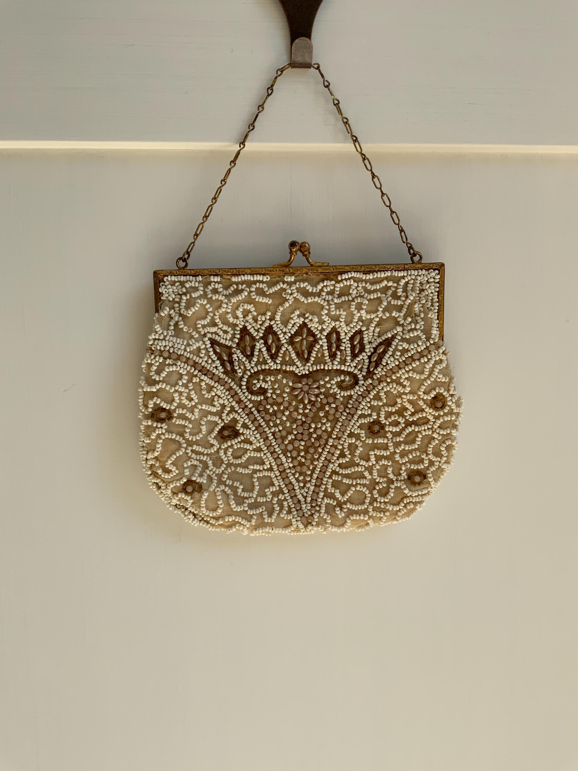 Vintage 1930s Art Deco Hand Beaded Evening Bag Cream Goldtone Frame VGC ...