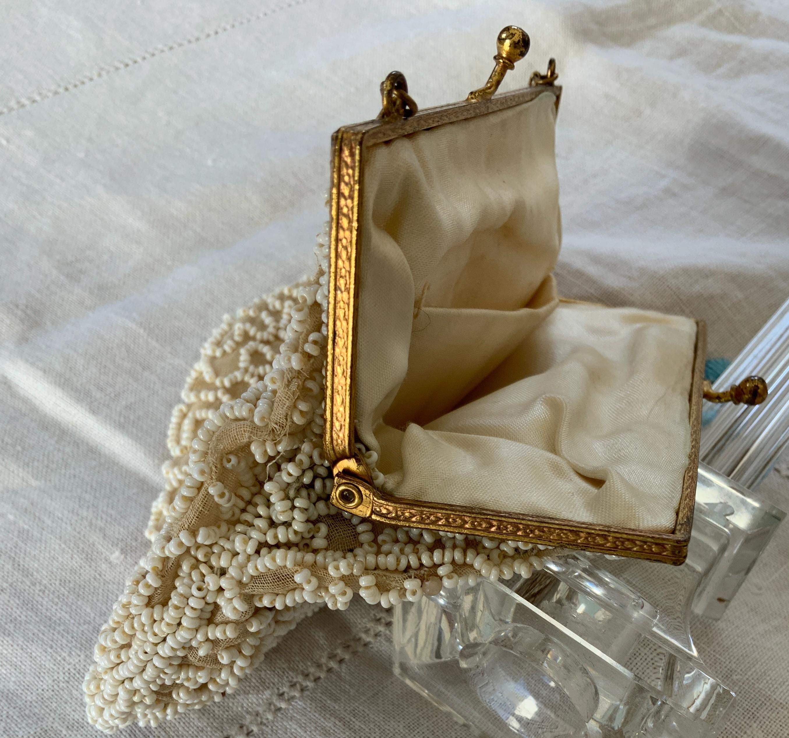 Vintage 1930s Art Deco Hand Beaded Evening Bag Cream Goldtone Frame VGC ...