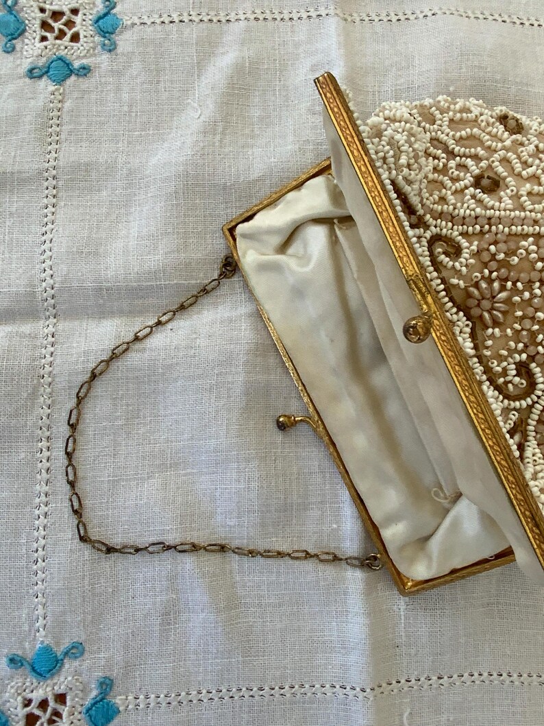 Vintage 1930s Art Deco Hand Beaded Evening Bag Cream Goldtone Frame VGC ...