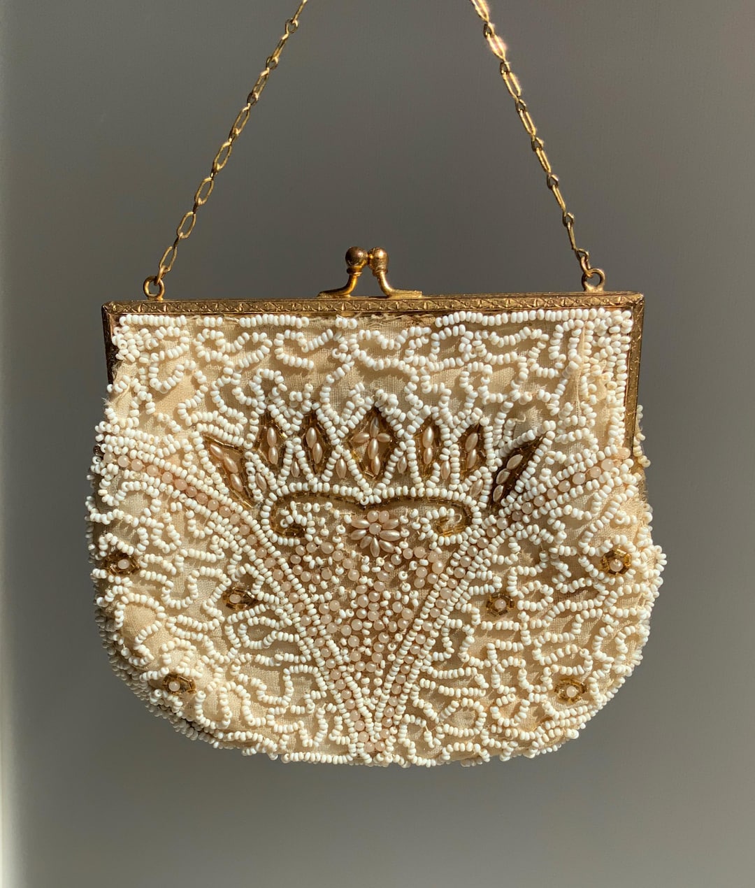 Vintage 1930s Art Deco Hand Beaded Evening Bag Cream Goldtone Frame VGC ...