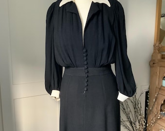 Vintage Designer Quorum Sheridan Barnett 1970s Black Moss Crepe Bias Cut Maxi Dress White Collar Cuffs Small UK 8 10 Bust 32 34