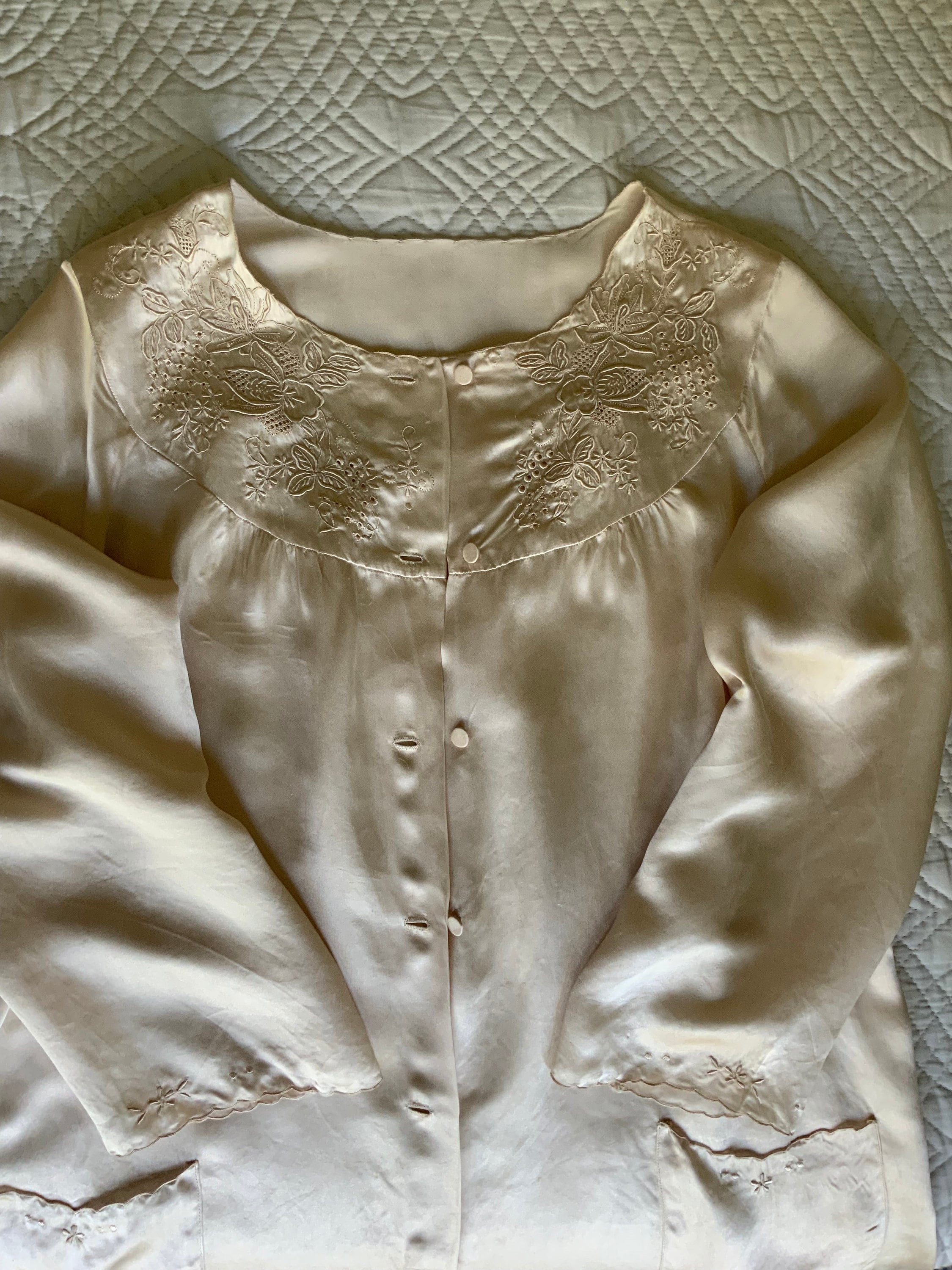 Vintage 1960s Silk Satin Housecoat Dress Gown Hand Embroidered Pale