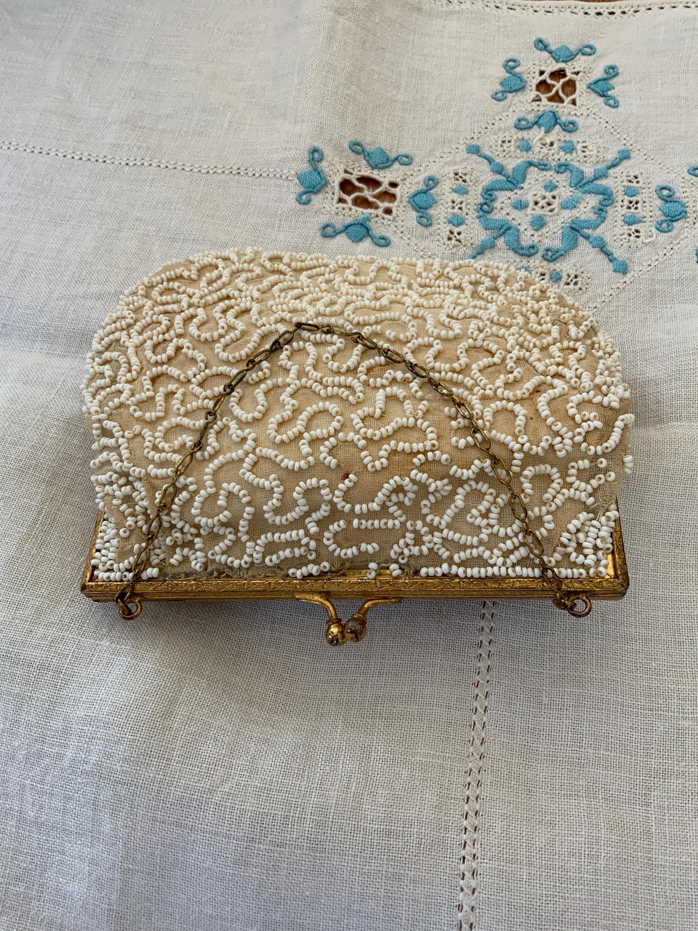 Vintage 1930s Art Deco Hand Beaded Evening Bag Cream Goldtone Frame VGC ...