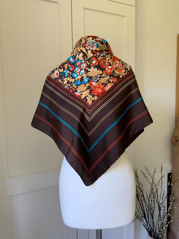 Vintage Liberty Silk Twill Scarf Hand Rolled Hems Made in Italy Brown Turquoise Orange Floral Design VGC 30 x 30 Inches