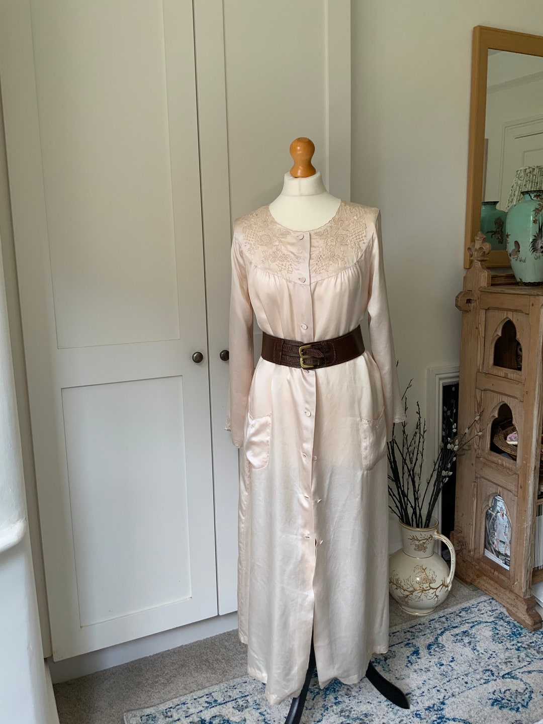 Vintage 1960s Silk Satin Housecoat Dress Gown Hand Embroidered Pale