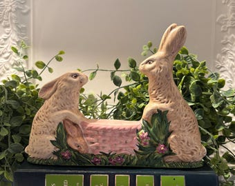 Good Morning. Spring/Easter. Unique Gift. Chalkware Bunny/Rabbit. Family of Three. Handmade USA