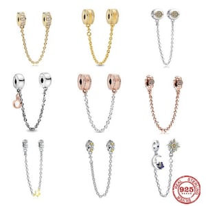 Safety Chain Charm fits Pandora Bracelets, Sparkling Rose Gold Charm for Bracelet, 925 Sterling Silver Charms, Women Jewelry, Gift For Her