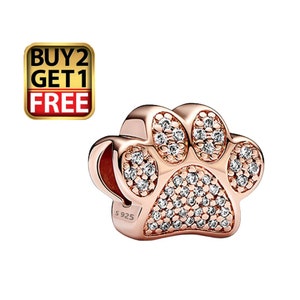 Rose Gold Dog Cat Paw Print Charm, Sterling Silver Charm for Pandora Bracelet, Women Jewelry, Mother&#39;s Day gift, Gift for her