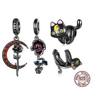 Black Moon Cat Charm For Bracelet, Piranha Flower Pendant Charm Animal Charms,Dangle Charms, Silver Charms fits Pandora Bracelet Charm Gifts