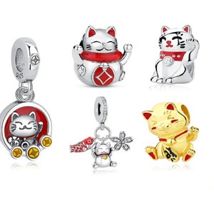 Maneki Neko Charms Fits Original Pandora Bracelet,925 Sterling Silver Fortune Cat Charm Beads for Moments Bracelets, European charm bracelet