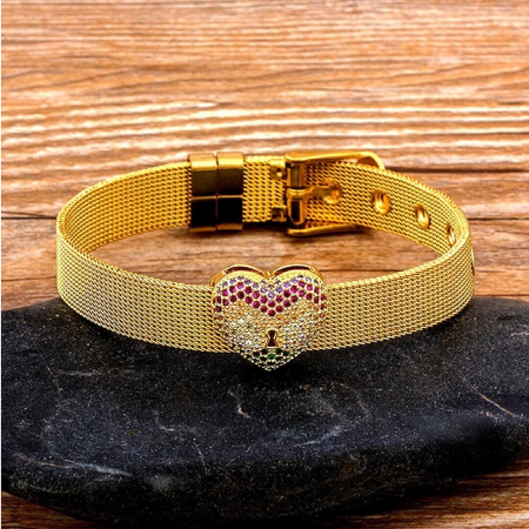 Heart Charms CZ Beads, Reflexions Mesh Bracelet, Stainless