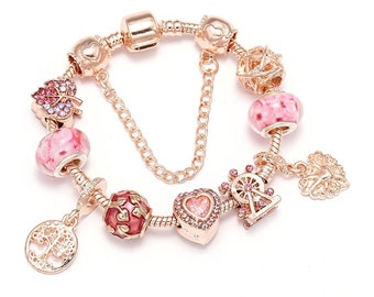 Roségouden damesarmbanden, bedelarmbanden met bedels voor dames, armband met kristalkralen van Muranoglas, Love Lock Heart Charm Bracelet