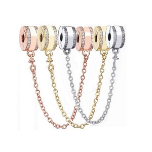 Veiligheidsketting charme past op Pandora armbandbedels, roségouden bedel voor armband, 925 sterling zilveren bedels, damessieradengeschenken afbeelding 1