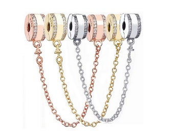 Veiligheidsketting charme past op Pandora armbandbedels, roségouden bedel voor armband, 925 sterling zilveren bedels, damessieradengeschenken