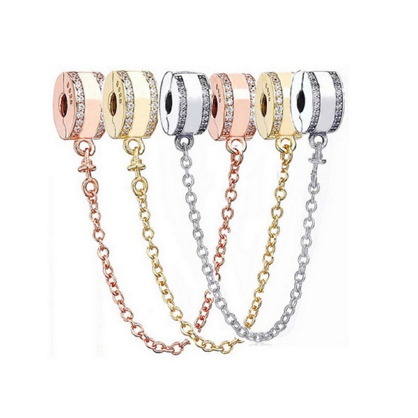 Veiligheidsketting charme past op Pandora armbandbedels, roségouden bedel voor armband, 925 sterling zilveren bedels, damessieradengeschenken