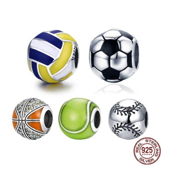 Balle de tennis Volley-ball Football Charms pour bracelet, charme sportif breloques en argent sterling convient Pandora bracelet charme femmes bijoux cadeaux