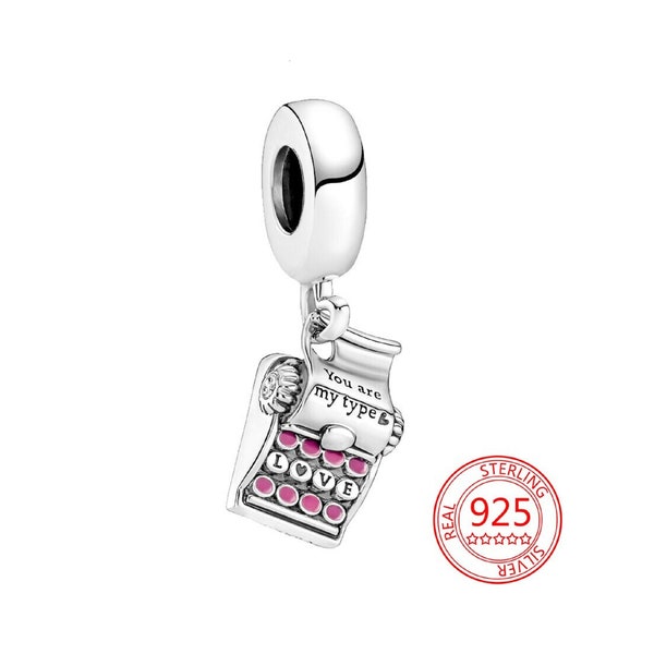 Charm pendentif machine à écrire pour bracelet, breloque lettre compatible avec les bracelets Pandora, breloques en argent sterling 925, bijoux femme, cadeau pour elle