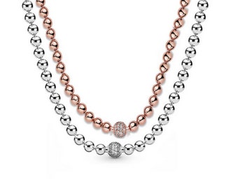 Collier en argent sterling 925 avec perles roses et argent et collier coulissant en cristal pavé pour bijoux femme