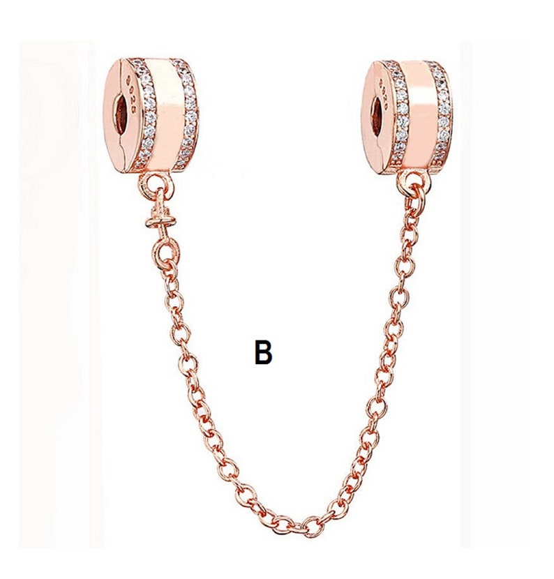 Veiligheidsketting charme past op Pandora armbandbedels, roségouden bedel voor armband, 925 sterling zilveren bedels, damessieradengeschenken afbeelding 3